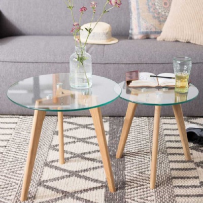 nordic wholesale wood leg tempered glass round coffee table set